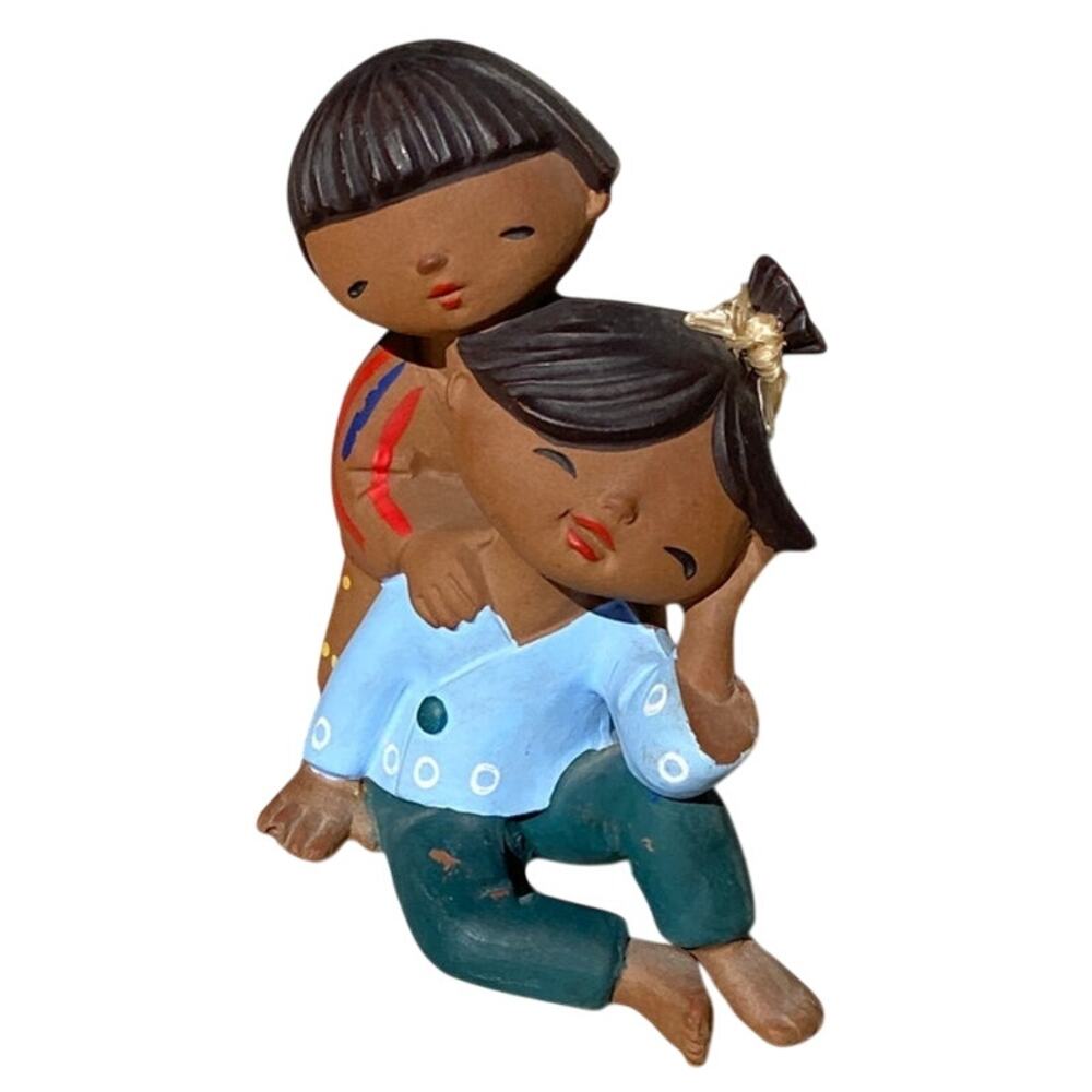 Japan UCTCI Figurine Terra Cotta? Boy Girl Siblings Hug Laughing Sitting Vintage